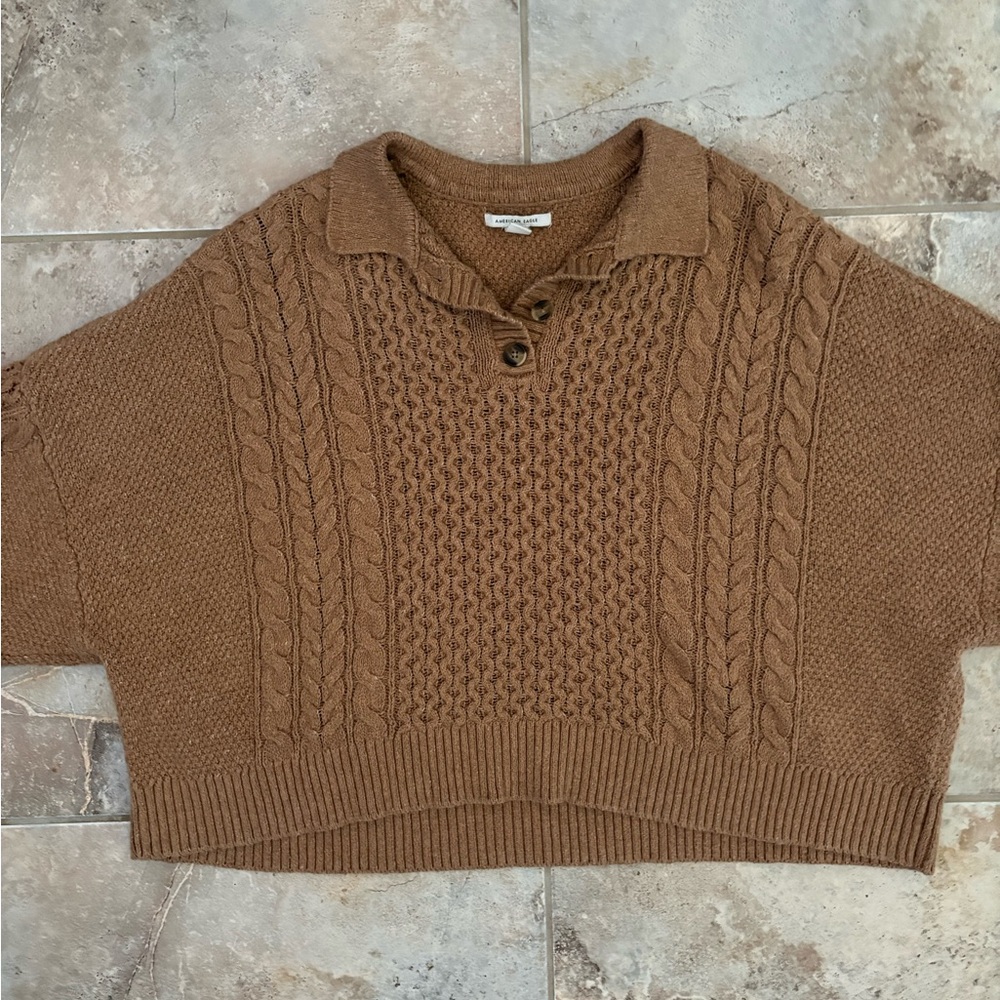 American Eagle Tan Cropped Sweater Cable Knit Cozy Soft Collared Women’s XXL - Picture 4 of 11